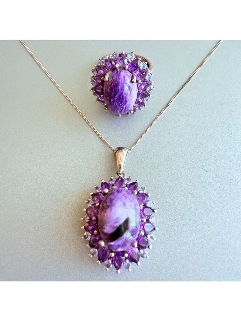 Charoite Marble & Amethyst Gemstone Pendant Necklace & Ring Set, Sterlin…